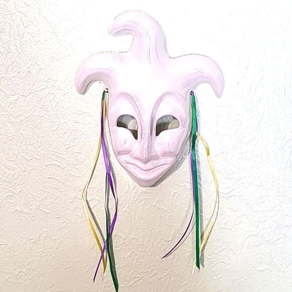 White Ceramic Joker Mask, Mardi Gras Color Ribbons, Wall Art - Picture 1 of 4